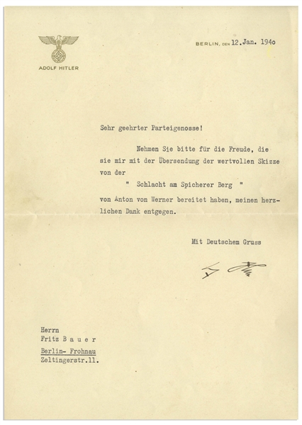 Adolf Hitler Letter Signed From 1940, Thanking a ''Party Comrade'' for a Sketch Depicting the Battle of Spicheren